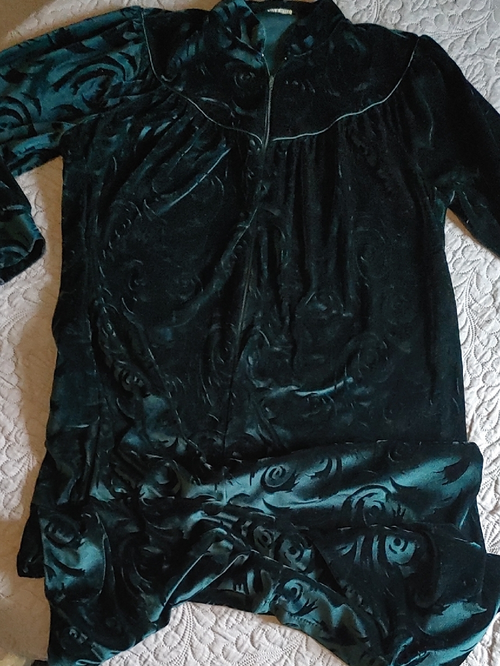 Dark Green Velvet Nightgown with Subtle Burnout Pattern